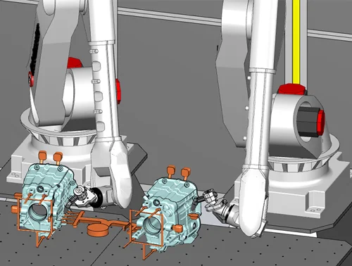 Robotmaster software displaying a virtual work cell with two industrial robots collaboratively working on the same workpiece.