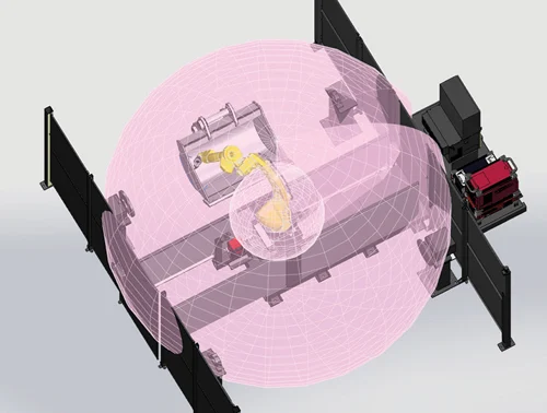Screenshot of Robotmaster's cell editor interface showing a 3D layout of a robot, tooling, and surrounding equipment.