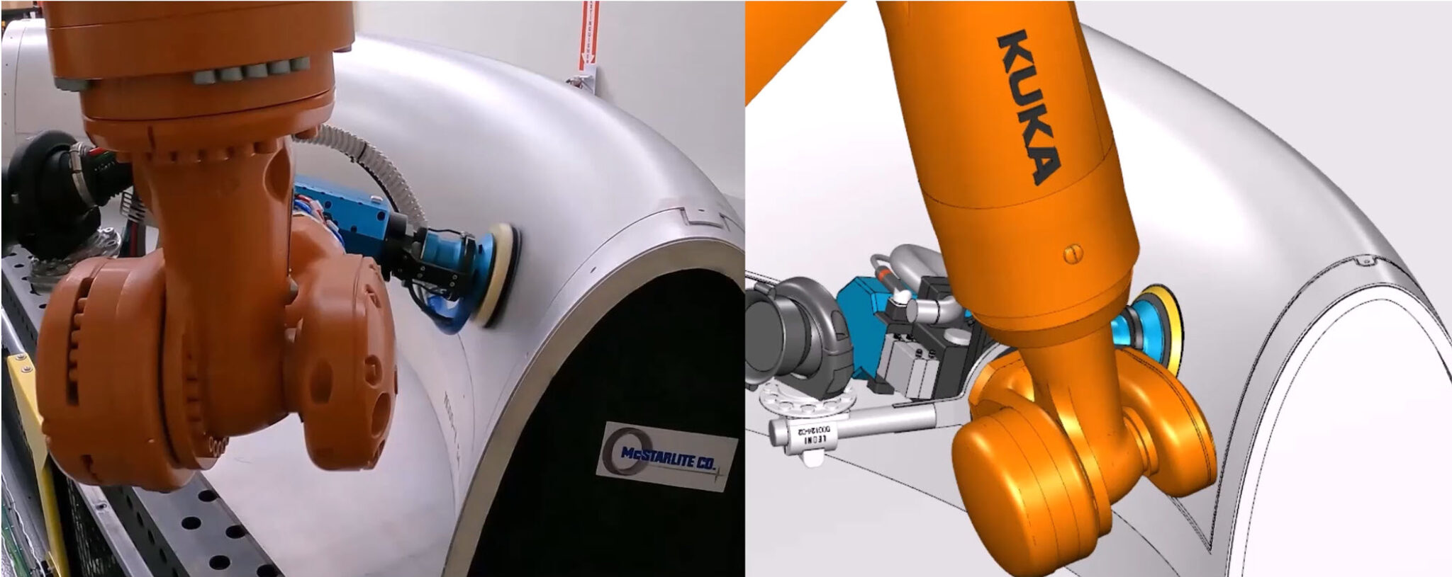 Side-by-side comparison: A real-world robotic arm performing a task next to its exact digital twin, simulating the same motion in Robotmaster software.