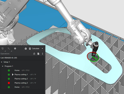 Robotmaster's optimization tool shows a color-coded path with a circular guide at the TCP indicating valid (green) and invalid (red) tool orientations.