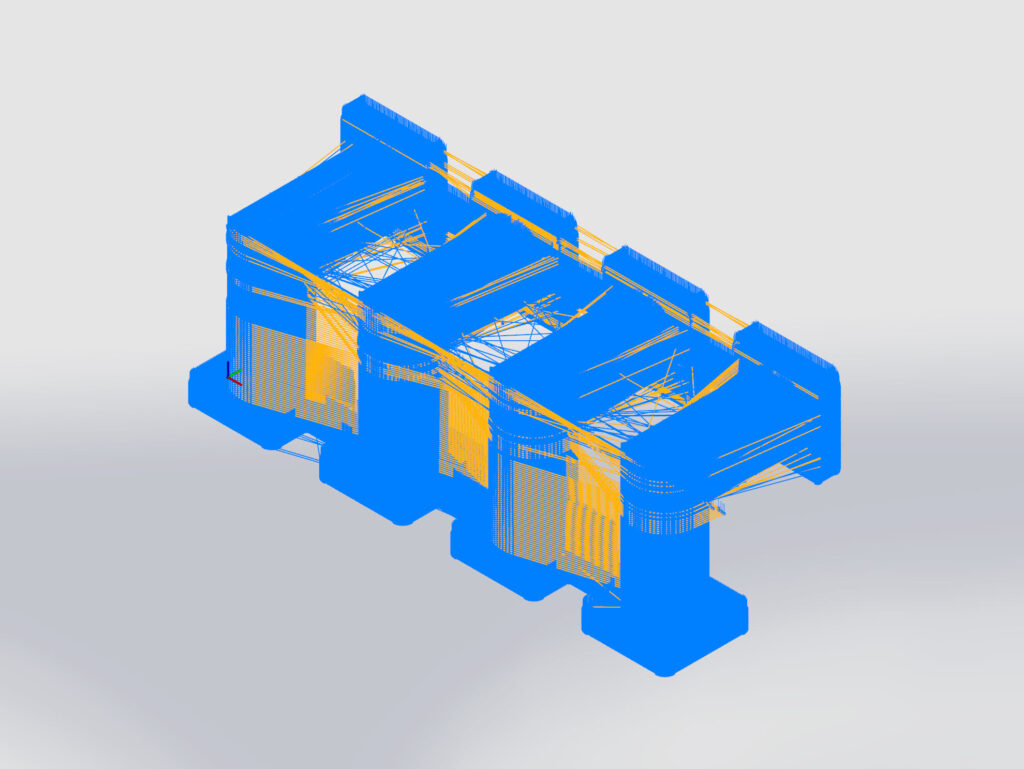 A 3D model of a simplified intake manifold showing the printing path generated by the Robotmaster 3D Printing CAM module.
