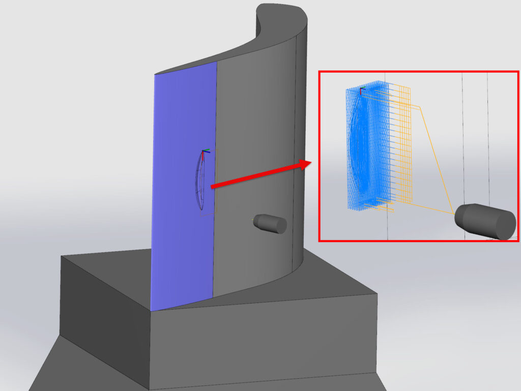 A 3D model of a worn blade, with a new cladding toolpath from Robotmaster shown creating layers that follow the blade's surface.