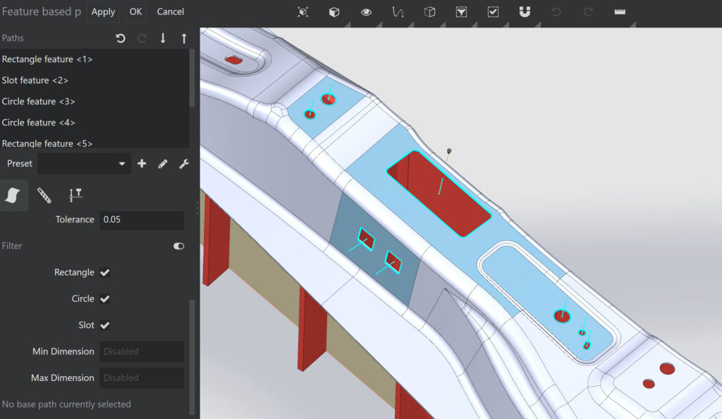 A 3D model of a car's B-Pillar, with toolpaths automatically generated on its geometric features, such as slots, rectangles, and circles.