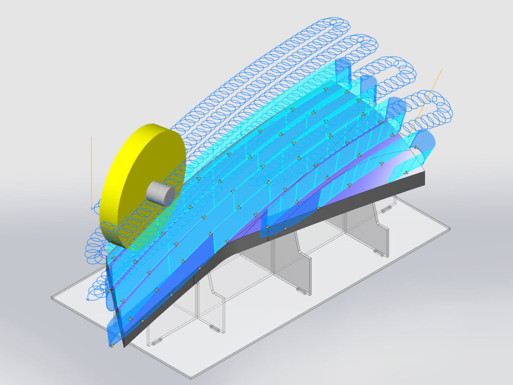 A simplified headlight showing polishing paths in a figure 8 pattern, generated by the Robotmaster Surface Paths CAM module.