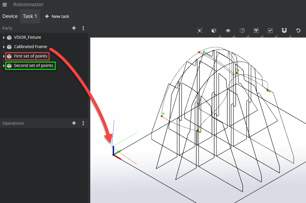 A diagram showing an initial frame and a calibrated frame on a workpiece, demonstrating Robotmaster's Best Fit Calibration feature.