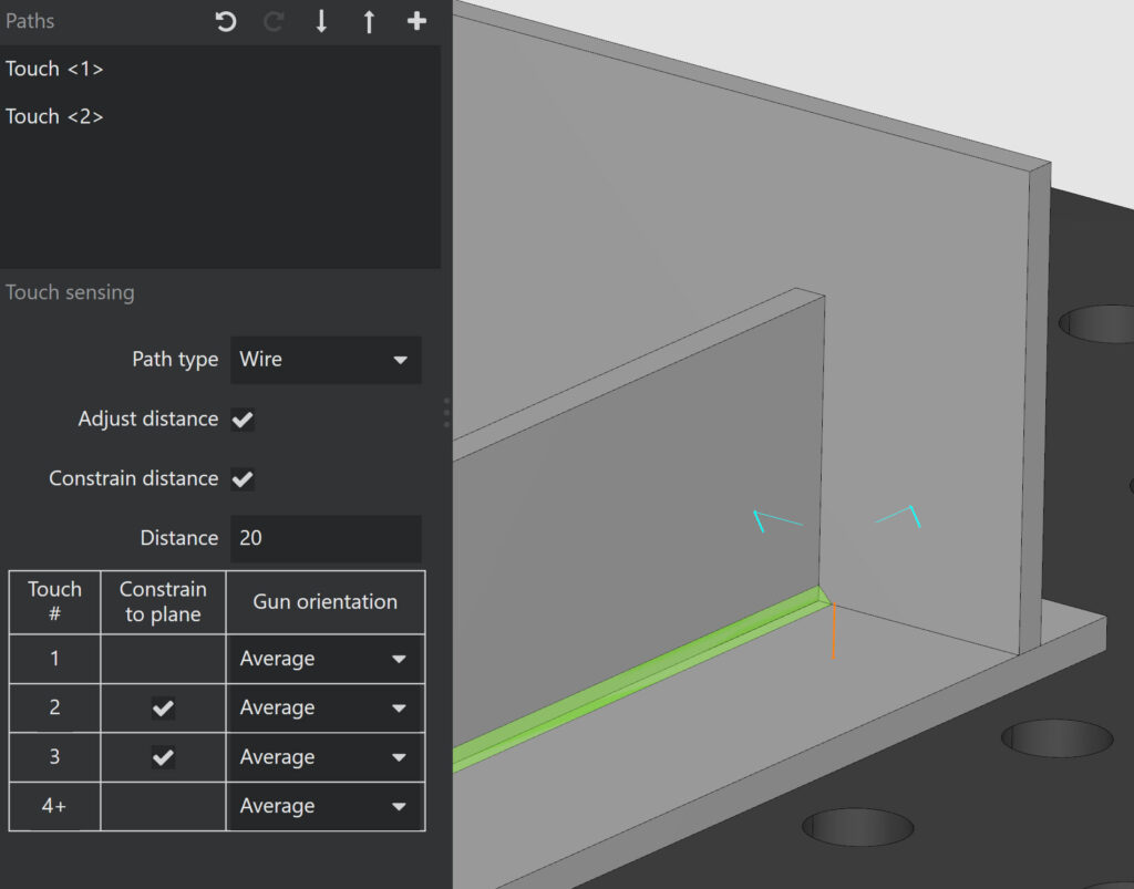 Pre-welding touch sensing on sheet metal, demonstrating the selection of two and three faces to ensure accurate weld placement with Robotmaster.