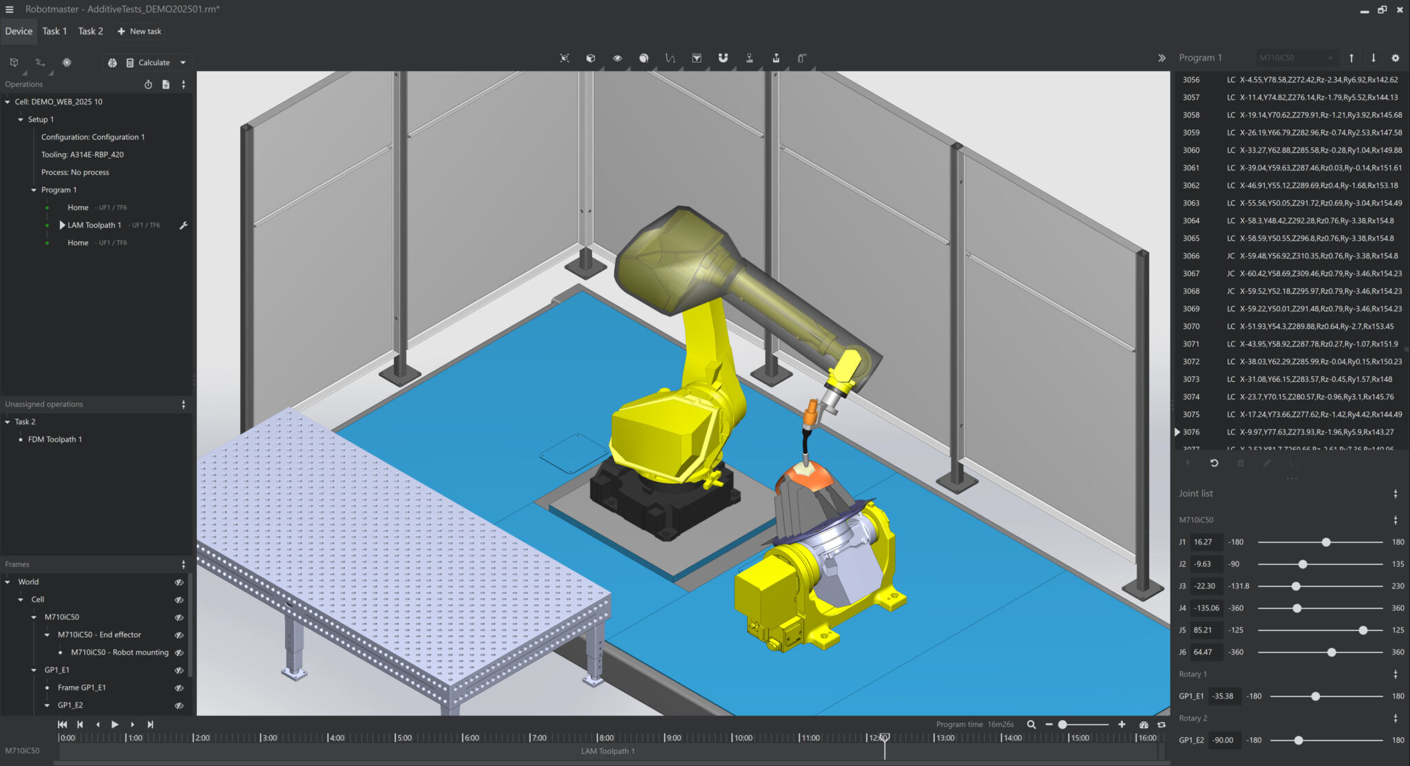 The Robotmaster software interface showing the Device side simulation of a Fanuc robot performing a 3D cladding application, with panels for code output and joint limit optimization visible.